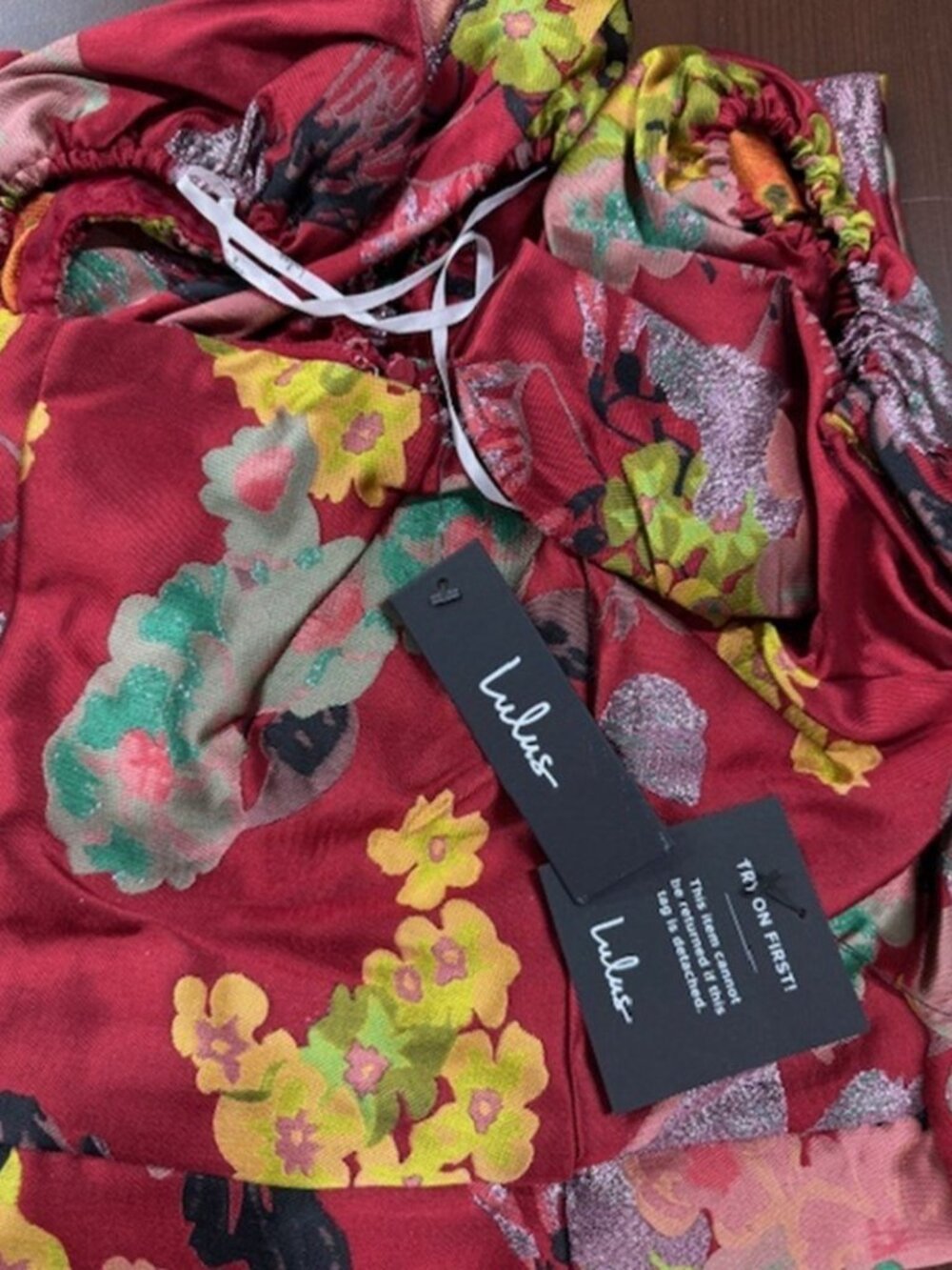NWT Lulus So Stunning Red Multi Floral Jacquard Puff Sleeve Mini Dress (size XS) - Picture 6 of 8